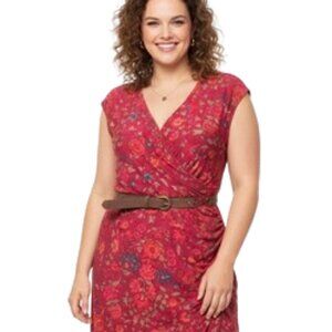 Lauren Ralph Lauren Plus Cap Sleeve Floral Wrap Dress Ruching Bright Merlot, 1X